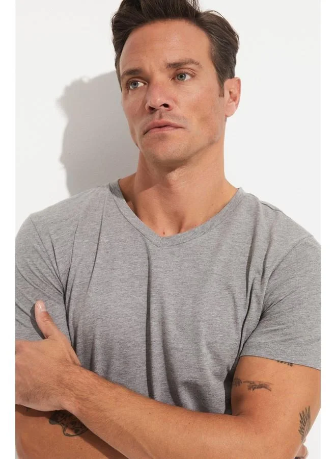 JUNE June Men Regular Fit Basic Short Sleeve V-Neck Tshirt Greymelange