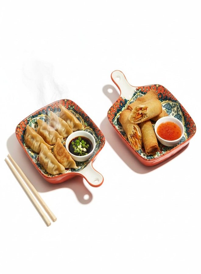 Beyond Homes Ceramic Snack Plates, 9 Inch | Square Dessert Plates with Handle for Baking | Microwave & Dishwasher Safe Serving Platter for Snack, Starters & Dining Table (Red, Set of 2) - Image 1