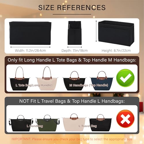 OAikor Purse Organizer Insert for Longchamp Le Pliage L Tote Bag, Felt Lightweight Long Champ Large Tote Divider Shaper with Cup Holder,Zipper Bags Inner Linner with 8 Deepened Pockets,L/Black - Image 2