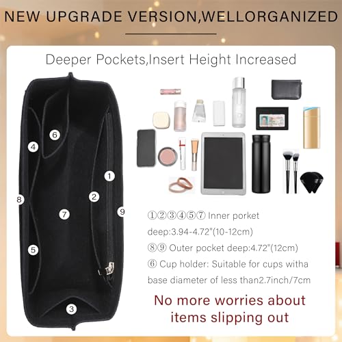 OAikor Purse Organizer Insert for Longchamp Le Pliage L Tote Bag, Felt Lightweight Long Champ Large Tote Divider Shaper with Cup Holder,Zipper Bags Inner Linner with 8 Deepened Pockets,L/Black - Image 3