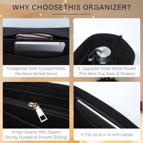 OAikor Purse Organizer Insert for Longchamp Le Pliage L Tote Bag, Felt Lightweight Long Champ Large Tote Divider Shaper with Cup Holder,Zipper Bags Inner Linner with 8 Deepened Pockets,L/Black - Image 4