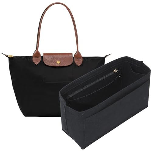 OAikor Purse Organizer Insert for Longchamp Le Pliage L Tote Bag, Felt Lightweight Long Champ Large Tote Divider Shaper with Cup Holder,Zipper Bags Inner Linner with 8 Deepened Pockets,L/Black - Image 1