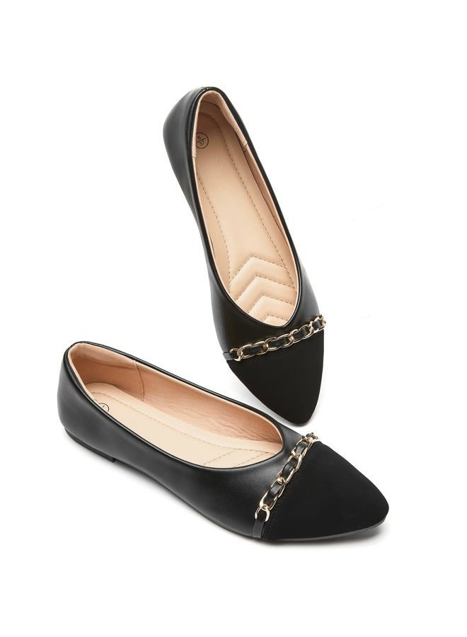 BABUDOG Women's PU Leather Flats Shoes,Black and White Dress Shoes,Crimping Faux Suede Pointed-Toe Flats(Black.US11) - Image 1