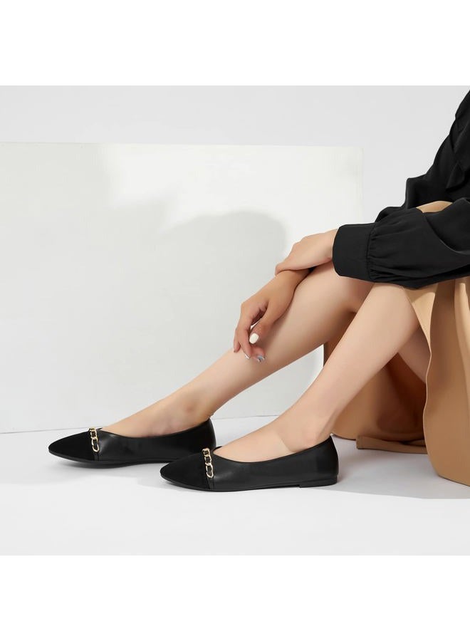 BABUDOG Women's PU Leather Flats Shoes,Black and White Dress Shoes,Crimping Faux Suede Pointed-Toe Flats(Black.US11) - Image 3