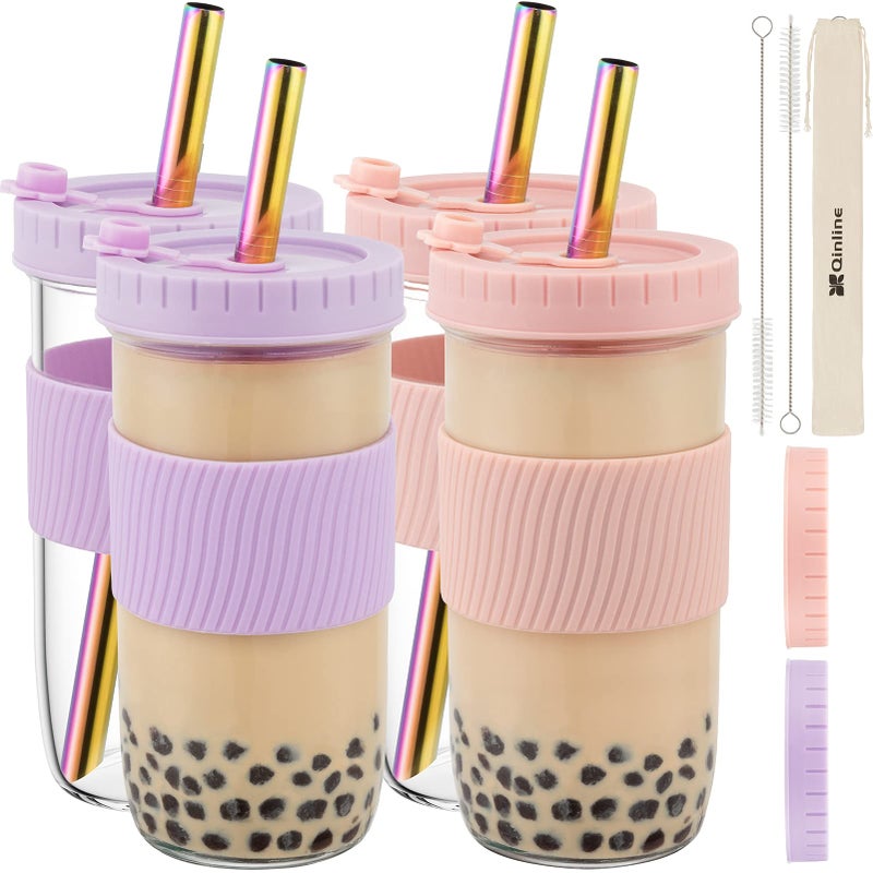 Reusable Glass Mason Jars Cups with Lids and Straws Silicone Sleeves 4 Pack 24Oz Wide Mouth Smoothie Cups Glass Bubble Tea Cup Leakproof drinking glasses Travel Tumbler for Large Pearl Birthday Gifts