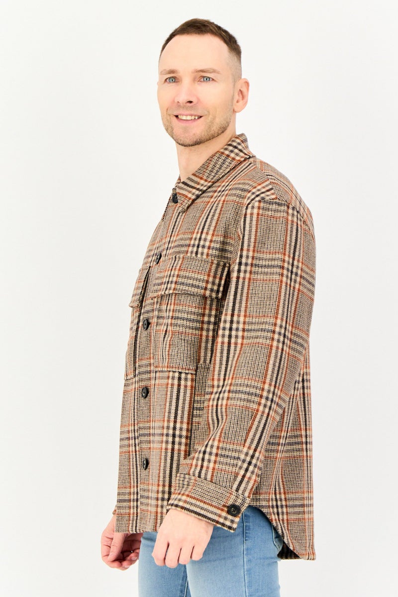 SELECTED Men Spread Collar Long Sleeve Checkered Shirt Jacket, Multicolor - Image 3