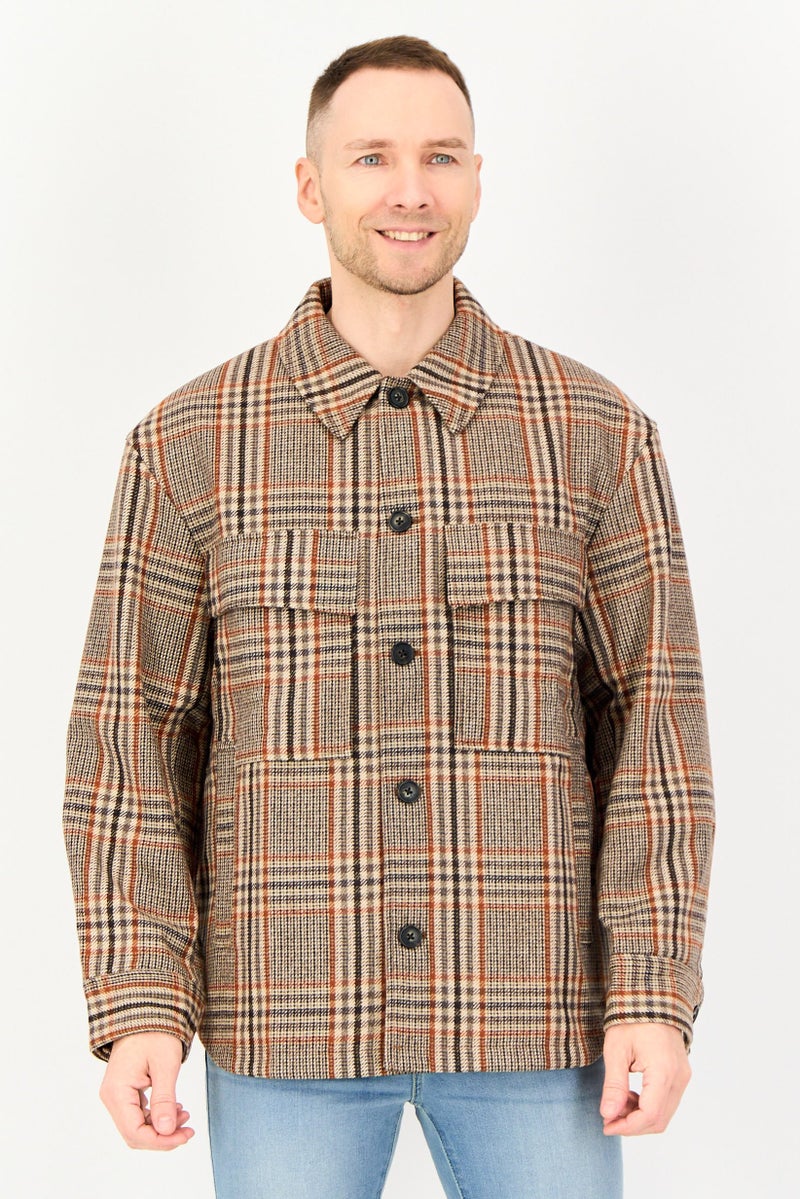 SELECTED Men Spread Collar Long Sleeve Checkered Shirt Jacket, Multicolor - Image 1