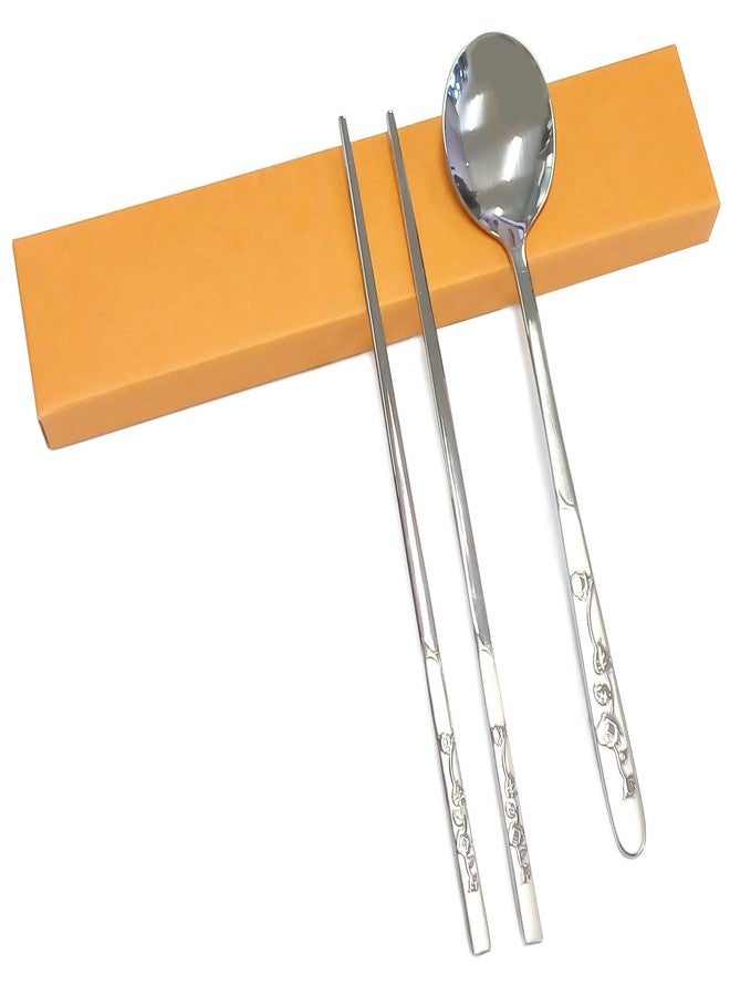 SUPIA Korean Traditional Cutlery Stainless Steel Spoons and Chopsticks Set Tableware with Long-hand, Reusable (Silver Rose) - Image 2