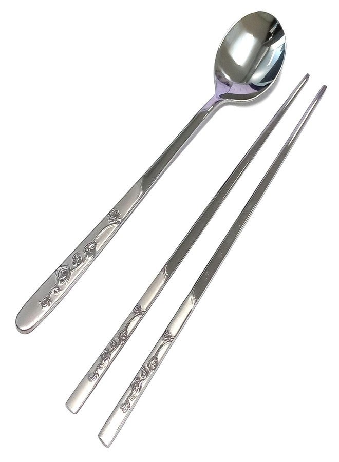 SUPIA Korean Traditional Cutlery Stainless Steel Spoons and Chopsticks Set Tableware with Long-hand, Reusable (Silver Rose) - Image 5