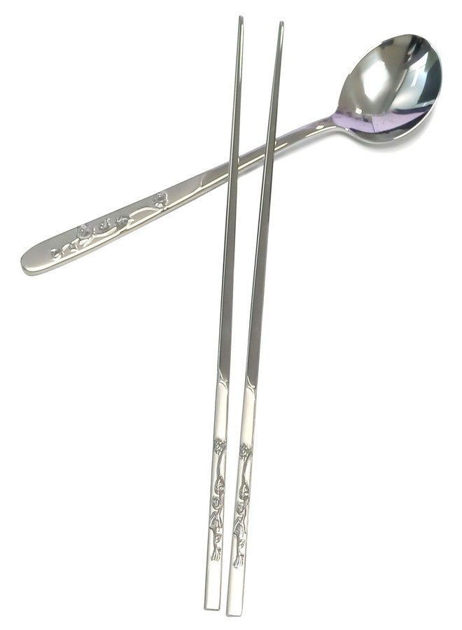 SUPIA Korean Traditional Cutlery Stainless Steel Spoons and Chopsticks Set Tableware with Long-hand, Reusable (Silver Rose) - Image 4