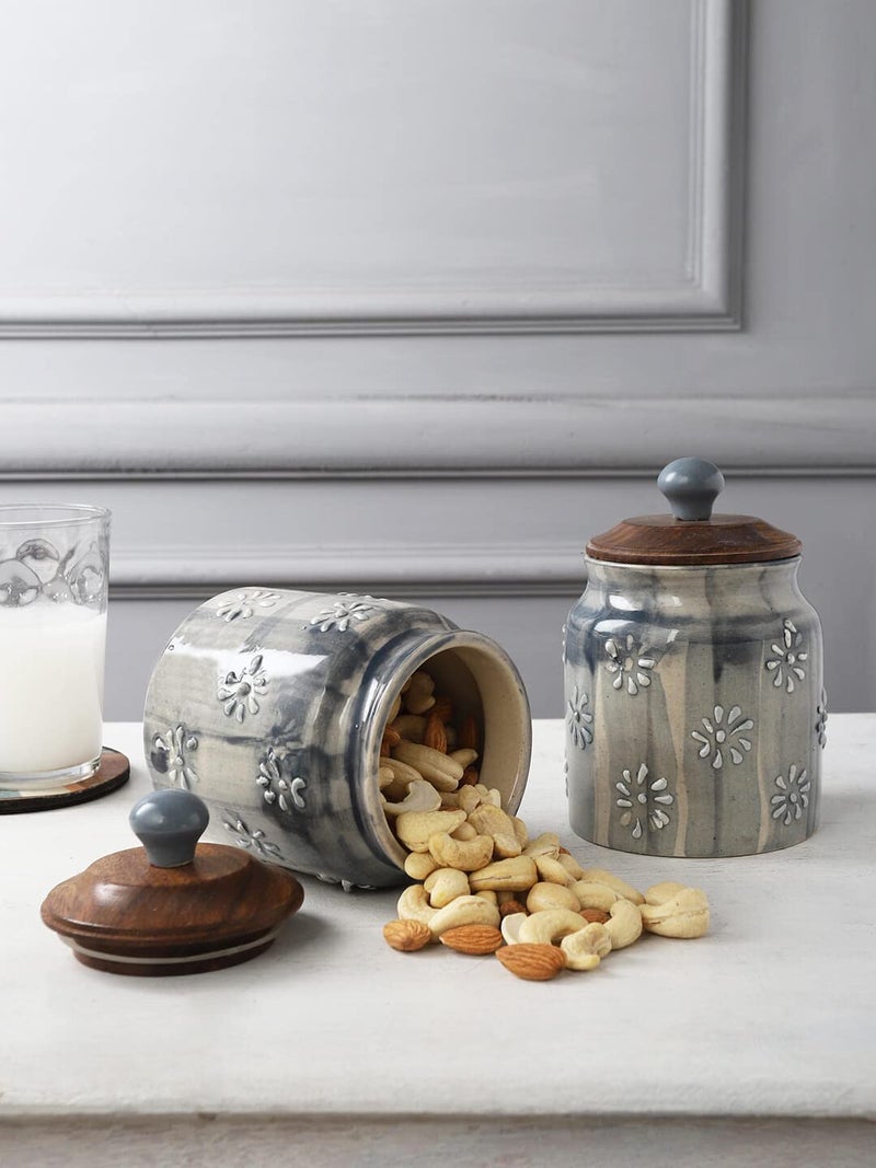 miah decor Miah Décor Ceramic Food Storage Jar Grey Canister Wooden Lid with Airtight Silicone Seal, Perfect for Tea, Coffee, Spices or Snacks-Set of 2 - Image 2