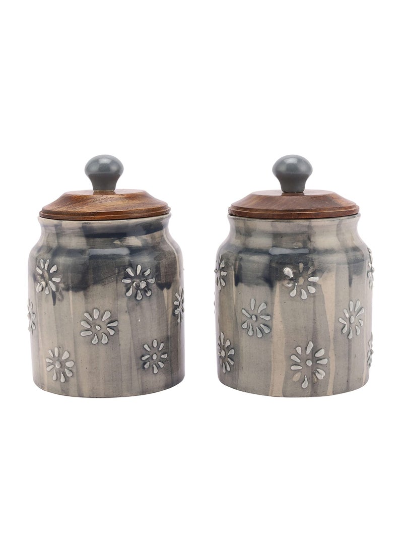 miah decor Miah Décor Ceramic Food Storage Jar Grey Canister Wooden Lid with Airtight Silicone Seal, Perfect for Tea, Coffee, Spices or Snacks-Set of 2 - Image 1