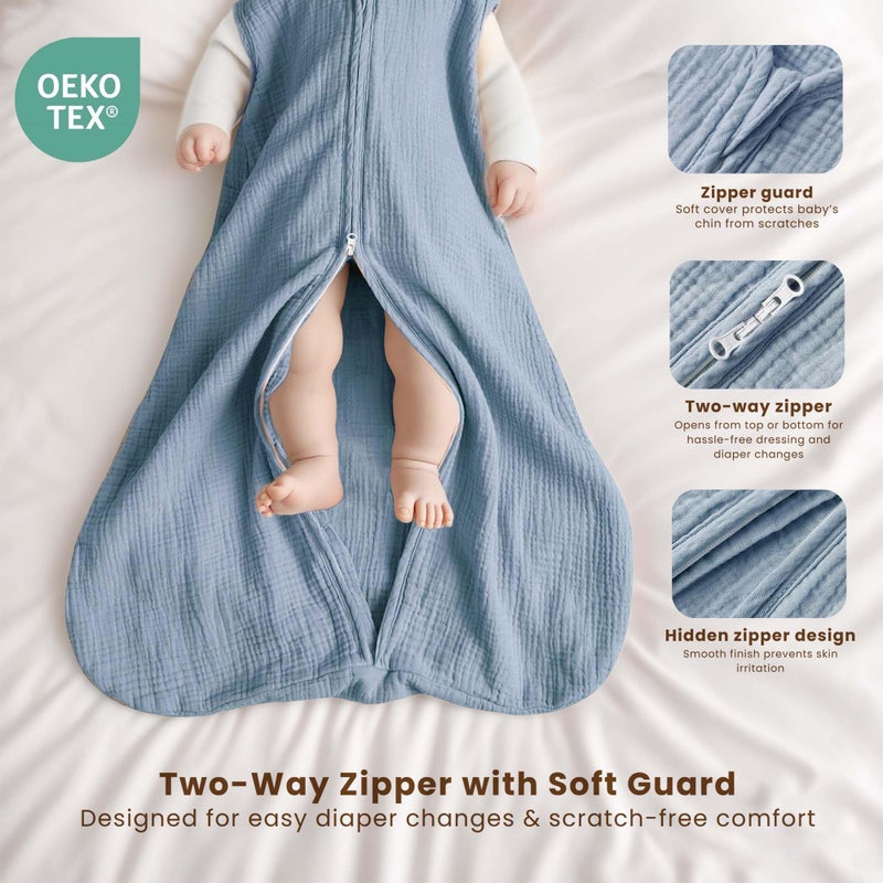 Konssy Muslin Baby Sleep Sack 0-6 Months 0.8 TOG, 2 Pack 100% Cotton Wearable Blanket for Babies, 2-Way Zipper Breathable Sleeping Sack Infant Toddler Essentials for Girls and Boys (Star, Blue) - Image 3