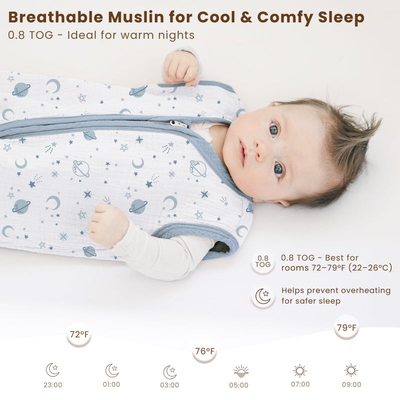 Konssy Muslin Baby Sleep Sack 0-6 Months 0.8 TOG, 2 Pack 100% Cotton Wearable Blanket for Babies, 2-Way Zipper Breathable Sleeping Sack Infant Toddler Essentials for Girls and Boys (Star, Blue) - Image 4