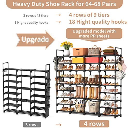ROJASOP Large Shoe Rack Organizer for Entryway Closet 64-68 Pairs 9-Tier Heavy Duty Tall Garage Shoe Rack Shoe Shelf Shoes Storage with 18 Pcs Removable Side Hooks for Bedroom and Garage Black - Image 2
