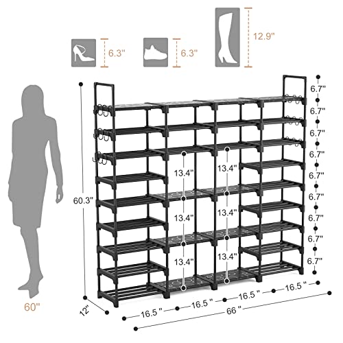 ROJASOP Large Shoe Rack Organizer for Entryway Closet 64-68 Pairs 9-Tier Heavy Duty Tall Garage Shoe Rack Shoe Shelf Shoes Storage with 18 Pcs Removable Side Hooks for Bedroom and Garage Black - Image 4
