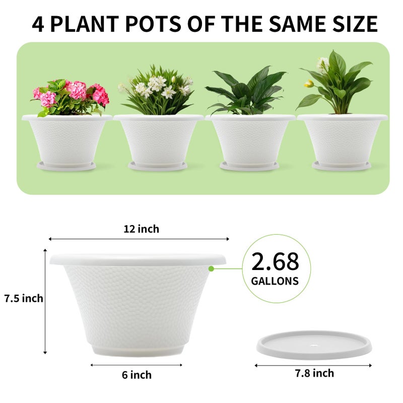 Quarut 12 Inch Plant Pot,4 Pack Large pots for Plants,Flower Pots with Drainage Hole & Saucer,Modern Planters for Indoor Outdoor Plants,Decorative Resin Garden Pots,White - Image 5
