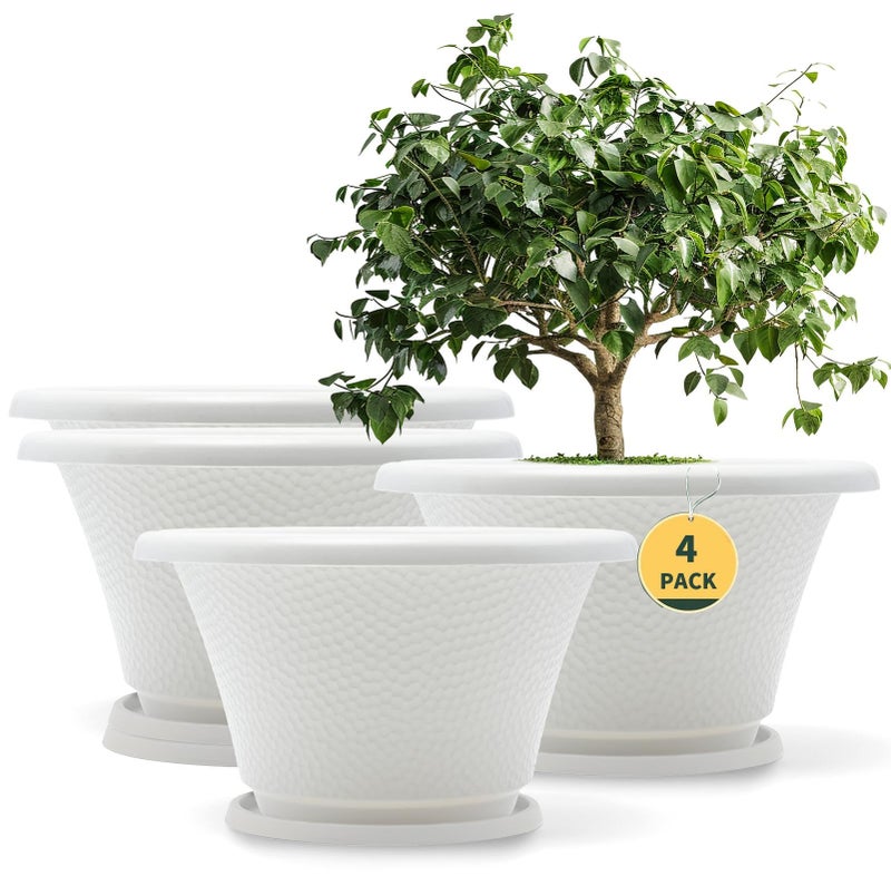 Quarut 12 Inch Plant Pot,4 Pack Large pots for Plants,Flower Pots with Drainage Hole & Saucer,Modern Planters for Indoor Outdoor Plants,Decorative Resin Garden Pots,White - Image 1