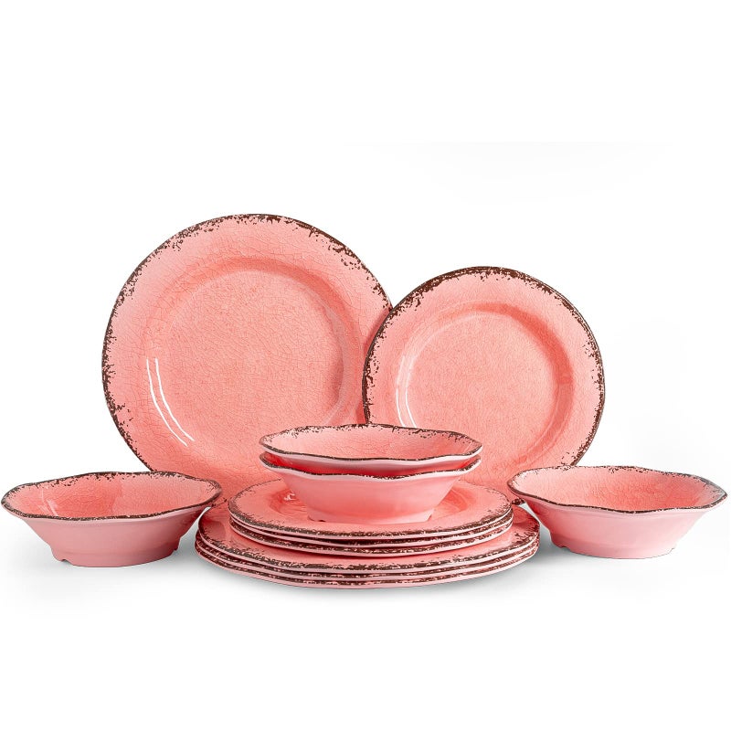 طقم أدوات المائدة من ليهها - طقم أدوات مائدة ريفي - طقم أطباق للتخييم خالي من BPA وخفيف الوزن وأطباق وأوعية خارجية متينة - خدمة لـ 4 أشخاص - 12 قطعة - وردي