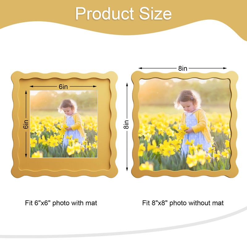 ثكرلوف إطار صور THKRLOF مقاس 8x8 بوصة مع حافة داخلية لإطار صور 6x6 بوصة، إطار خشبي ذو حواف مموجة وزجاج حقيقي، مناسب للطاولة والتعليق على الحائط، لون أصفر، عبوة واحدة - Image 3