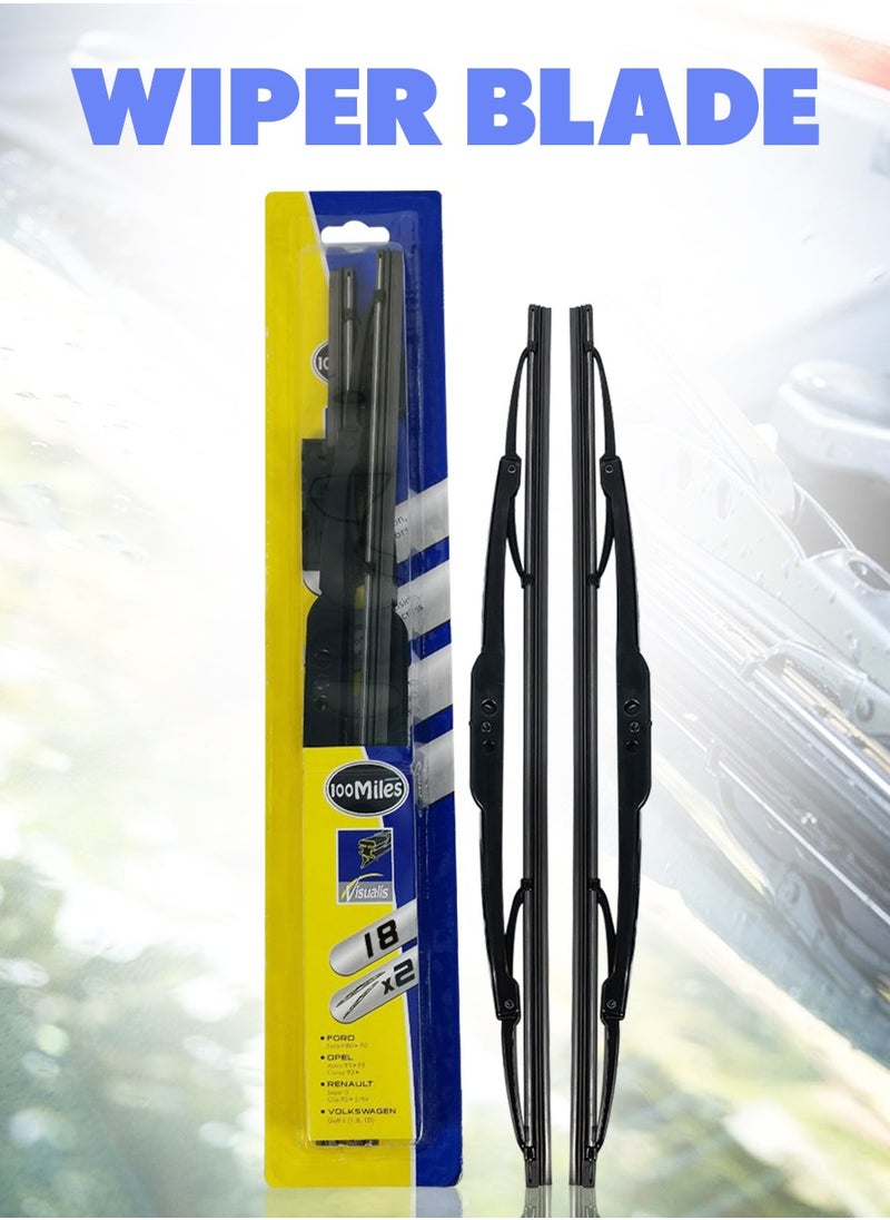 100Miles 100 MILES 18" Car Wiper Blade, High Quality and Durable, Universal Fit for Ford, Opel, Renault, Volkswagen - 2 Pc  - Image 1