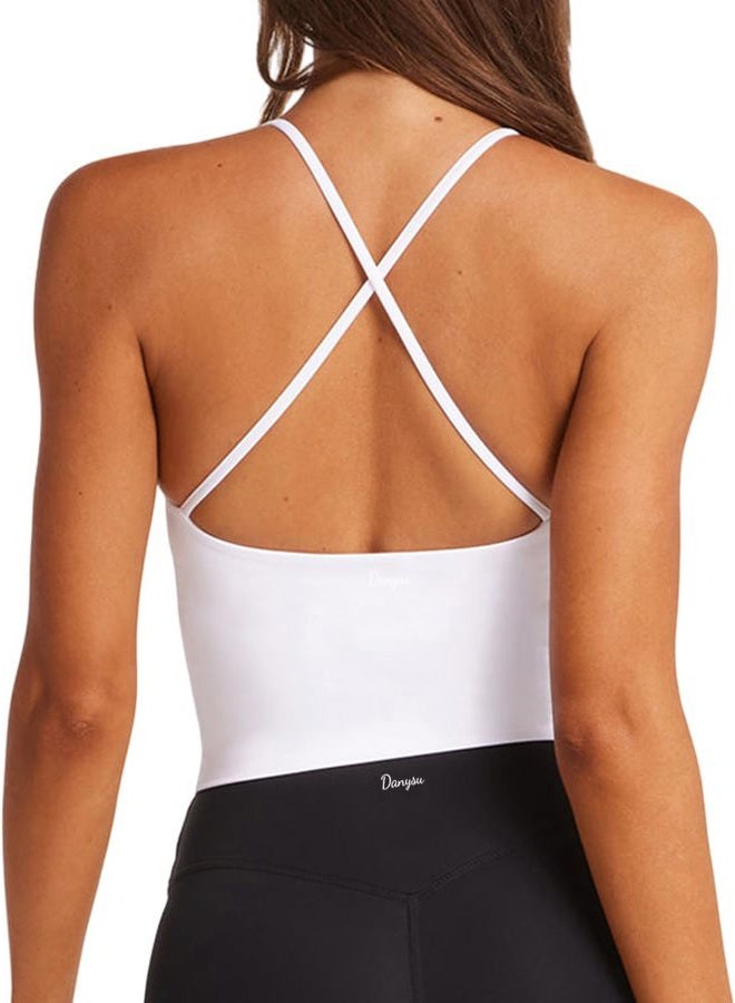 Danysu Sculpt Workout Tank Tops Women Longline Sports Bras Workout Tops for Women Light Support Strappy Padded Yoga Top Scoop Neck Lucent White S - Image 1