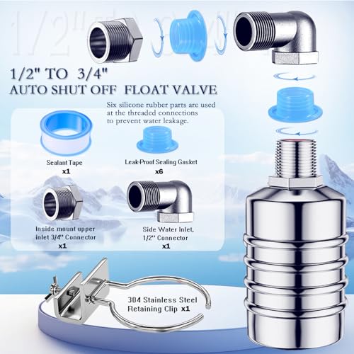 Musibo 2PCS Float Valve,1/2" to 3/4'' water level control float valve, 304 Stainless Steel Fully Automatic water shut off valve, Automatic Water Level Controller for Water Tank, Pool, Livestock Troughs. - Image 4