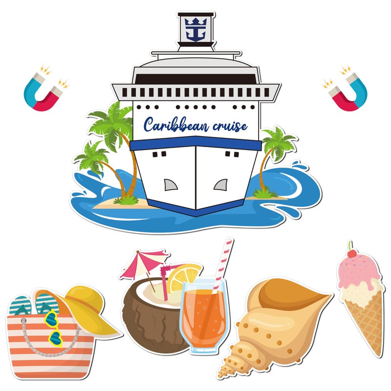 JAPBOR Cruise Door Decorations Magnetic 5PCS Caribbean Cruise Magnet Summer Ship Car Cabin Refrigerator Magnets Decal Coconut Conch Ice Cream Beach Magnetic Fridge Stickers for Home Kitchen Decor