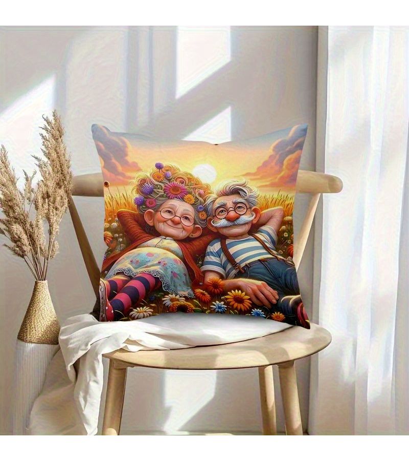 Fairy Tale Style Elderly Couple Pillowcase Romantic Sunset Floral Print 17x17in Zipper Closure - Image 4