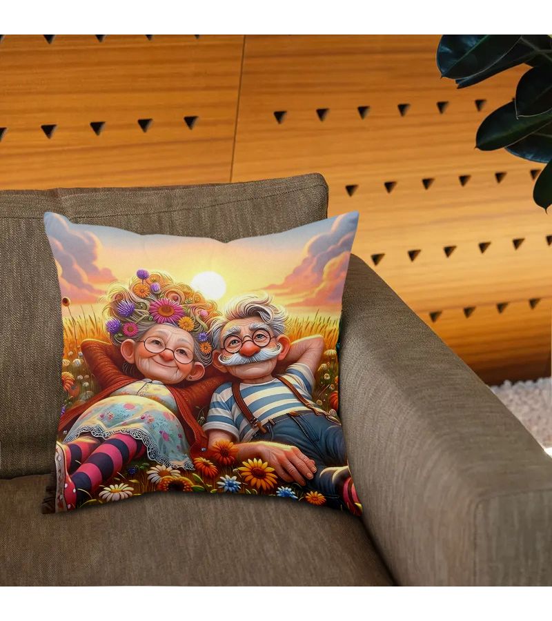 Fairy Tale Style Elderly Couple Pillowcase Romantic Sunset Floral Print 17x17in Zipper Closure - Image 5