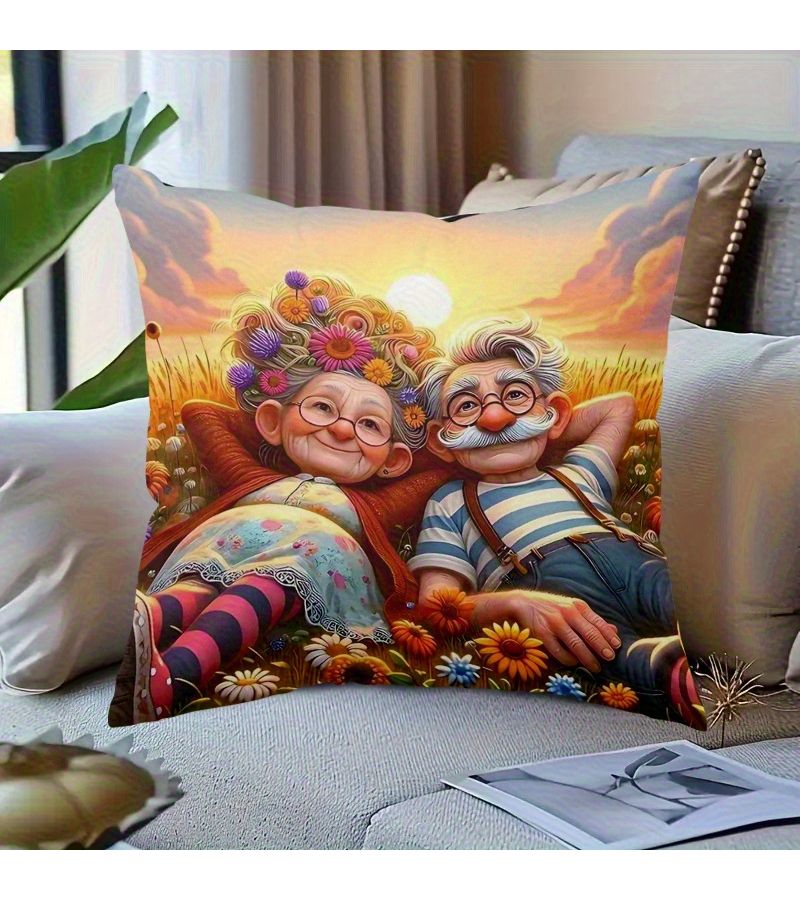 Fairy Tale Style Elderly Couple Pillowcase Romantic Sunset Floral Print 17x17in Zipper Closure - Image 2