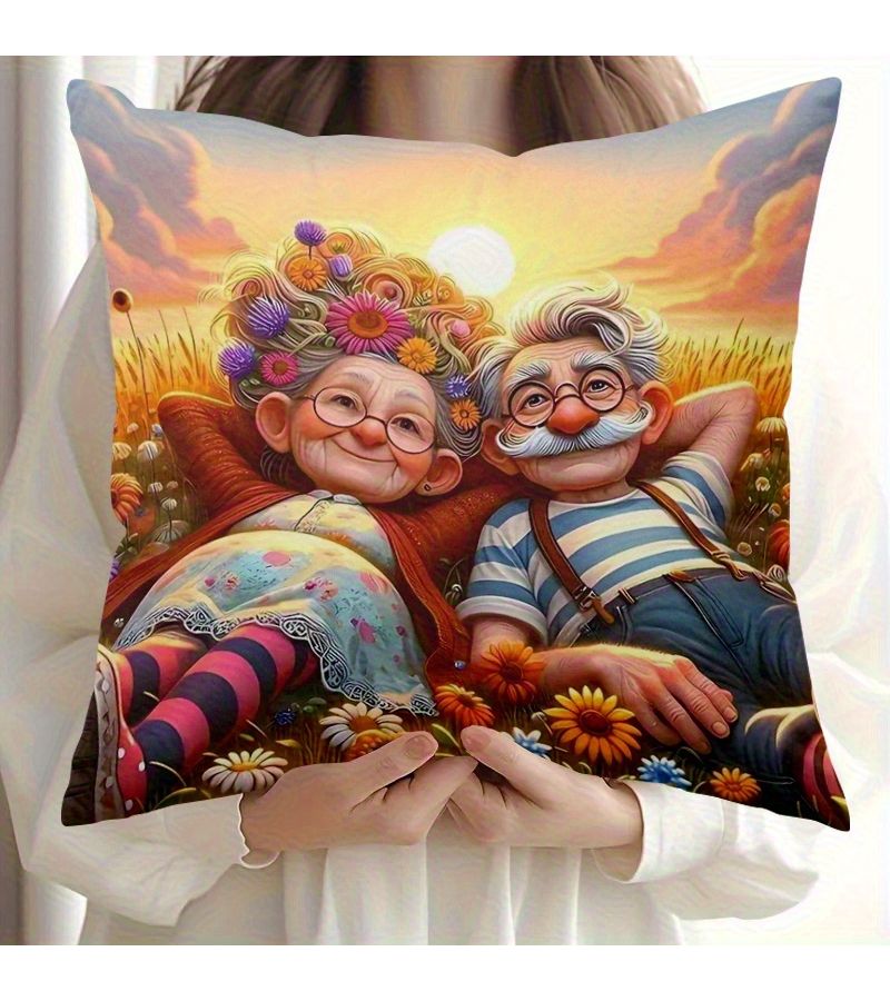 Fairy Tale Style Elderly Couple Pillowcase Romantic Sunset Floral Print 17x17in Zipper Closure - Image 1