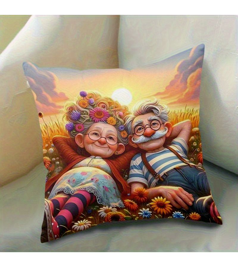 Fairy Tale Style Elderly Couple Pillowcase Romantic Sunset Floral Print 17x17in Zipper Closure - Image 3