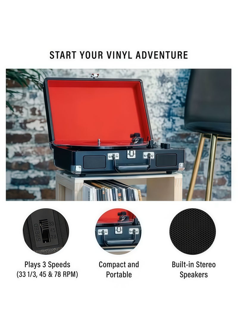 XiuWoo Vinyl Record Player，Portable Turntable Player with Speakers，Vintage Phonograph Record Player，with USB Turntable 3 Speed Built-in Stereo Speakers, Supports URCHeadphone Jack/MP3/Mobile Music Player Carrying Case Design(Black+Red) - Image 3