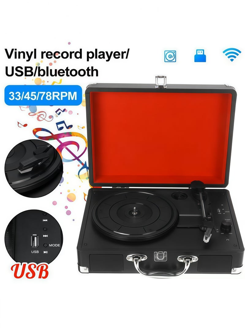 XiuWoo Vinyl Record Player，Portable Turntable Player with Speakers，Vintage Phonograph Record Player，with USB Turntable 3 Speed Built-in Stereo Speakers, Supports URCHeadphone Jack/MP3/Mobile Music Player Carrying Case Design(Black+Red) - Image 4