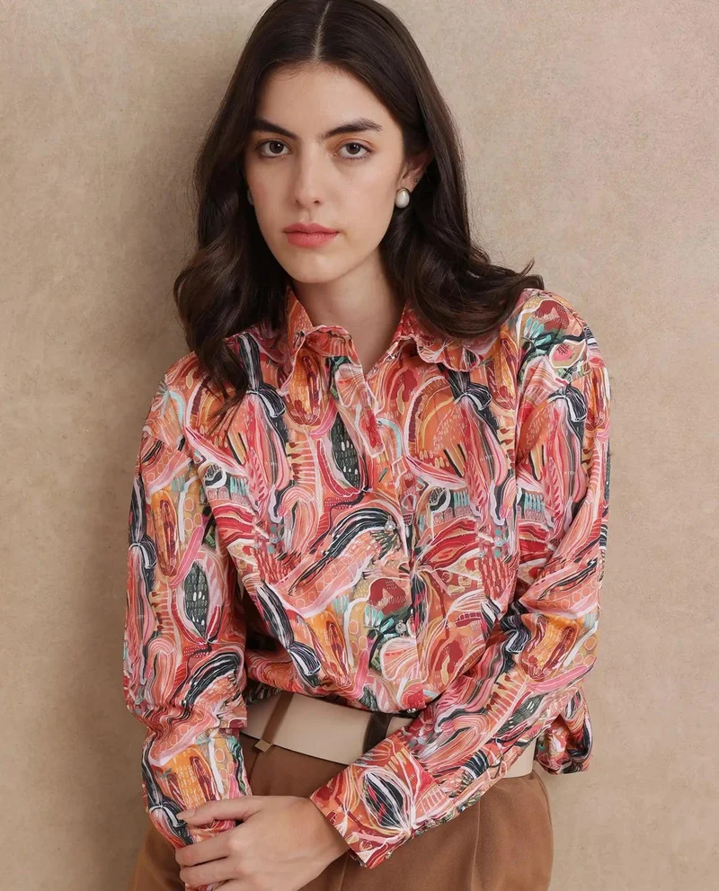 Rareism Women's Collared Neck Abstract Print Shirt