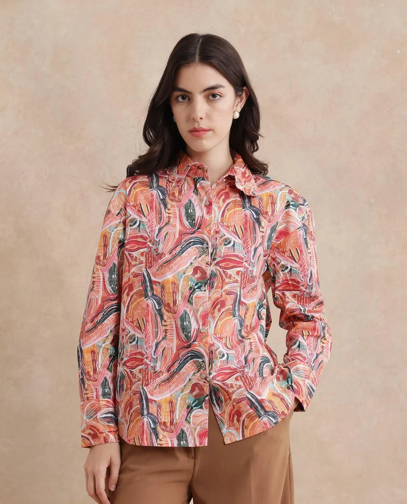 Rareism Women's Collared Neck Abstract Print Shirt