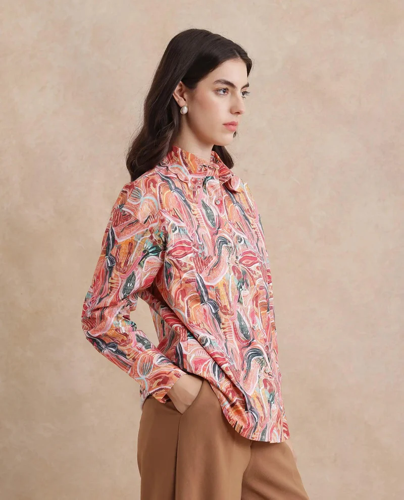Rareism Women's Collared Neck Abstract Print Shirt