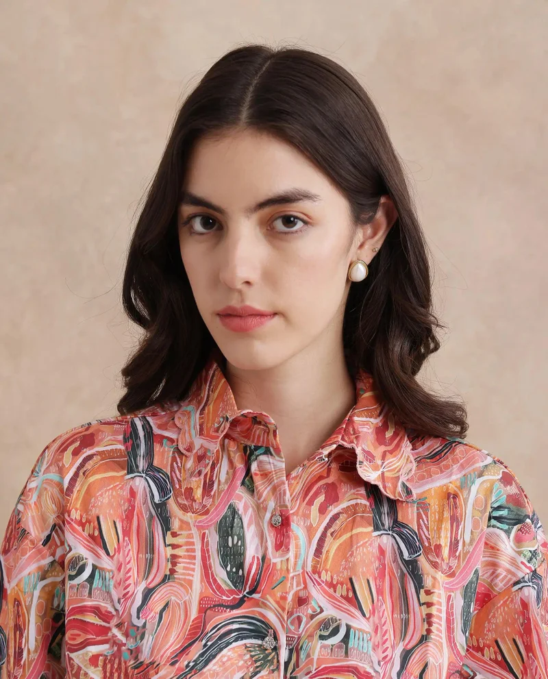 Rareism Women's Collared Neck Abstract Print Shirt