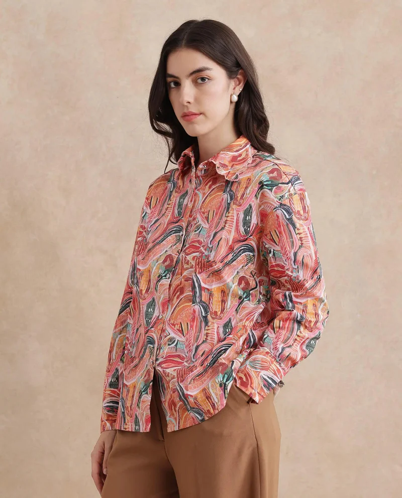 Rareism Women's Collared Neck Abstract Print Shirt