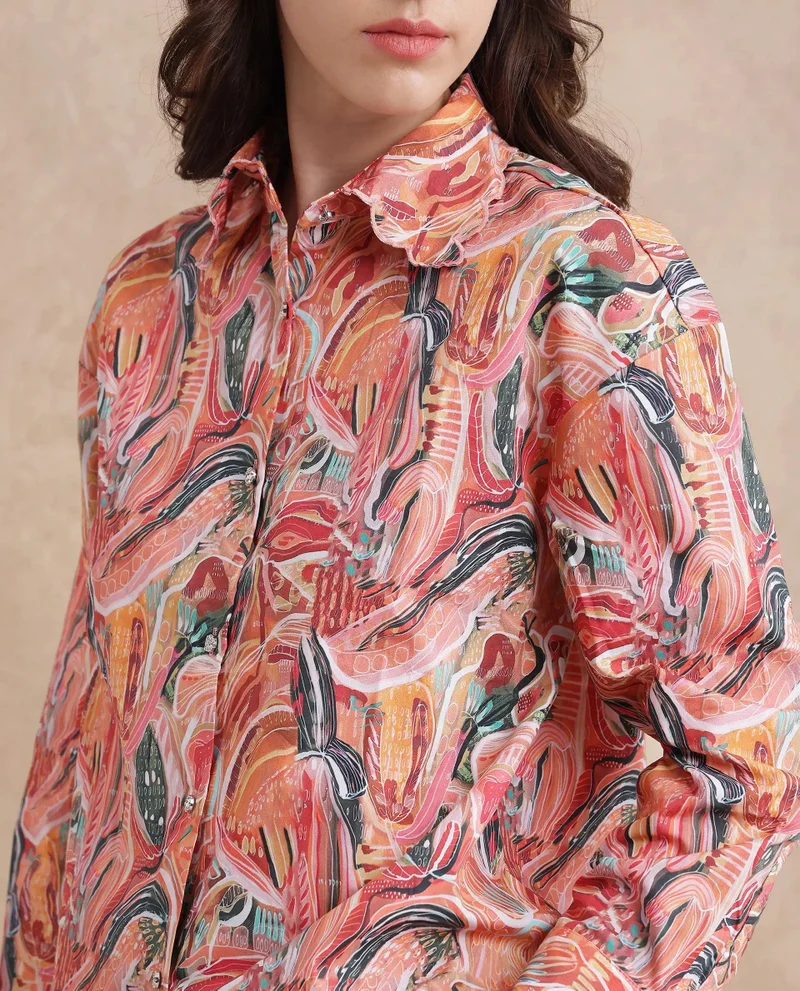 Rareism Women's Collared Neck Abstract Print Shirt