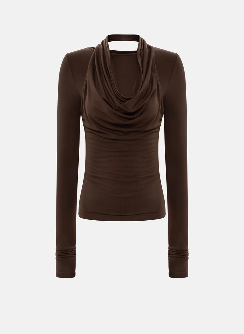 Lichi  Viscose long sleeve top with draped neckline for Women | Best Price UAE