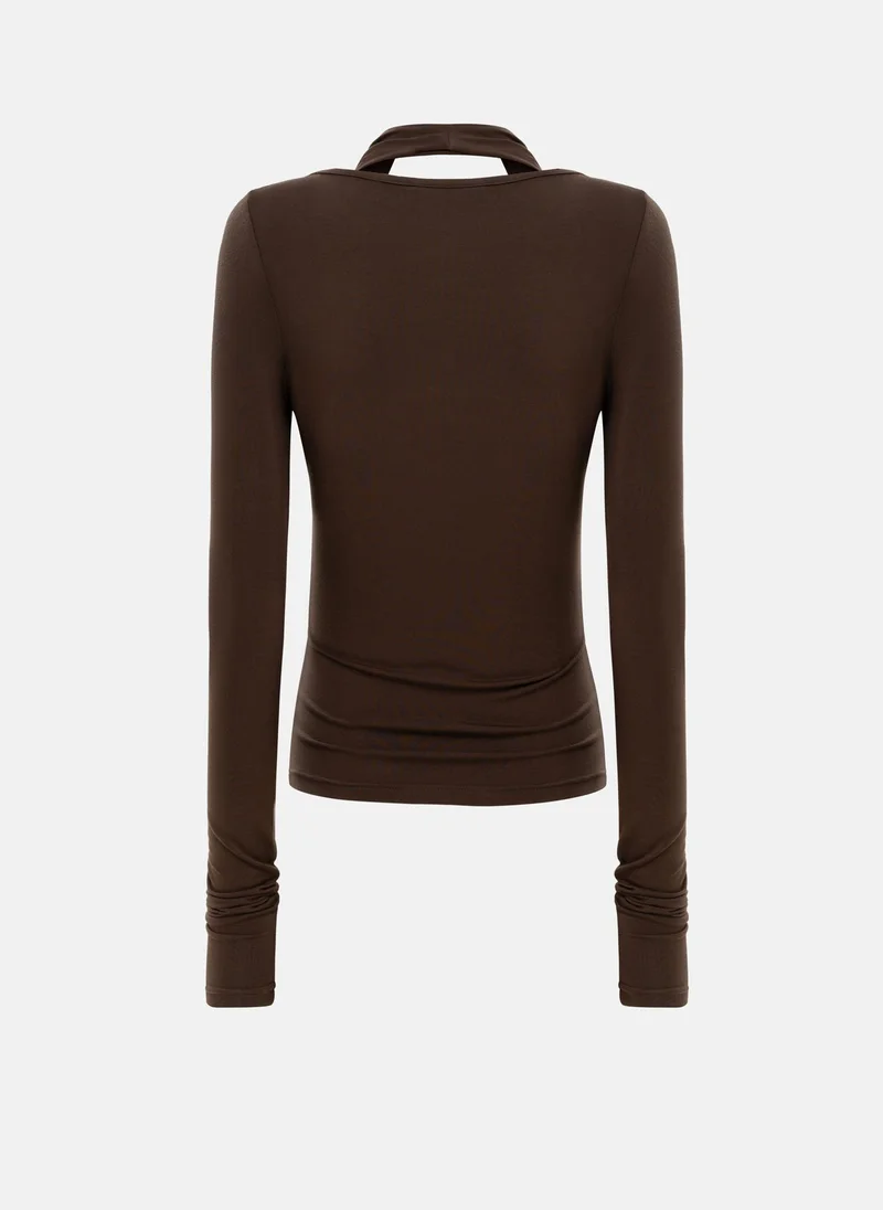 Lichi  Viscose long sleeve top with draped neckline for Women | Best Price UAE