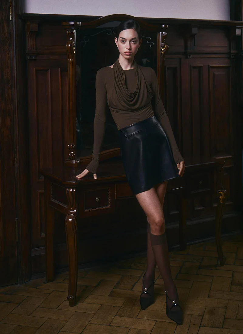 Viscose long sleeve top with draped neckline