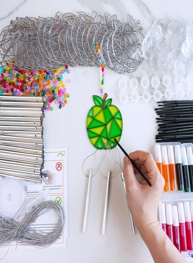 Winlyn 24 Sets Apple Suncatchers Wind Chimes Ornaments Decorations DIY Window Paint Art Sun Catchers Rainbow Apple Painting Craft Kits for Kids Summer Camping Party Classroom Activities Art Project - Image 3