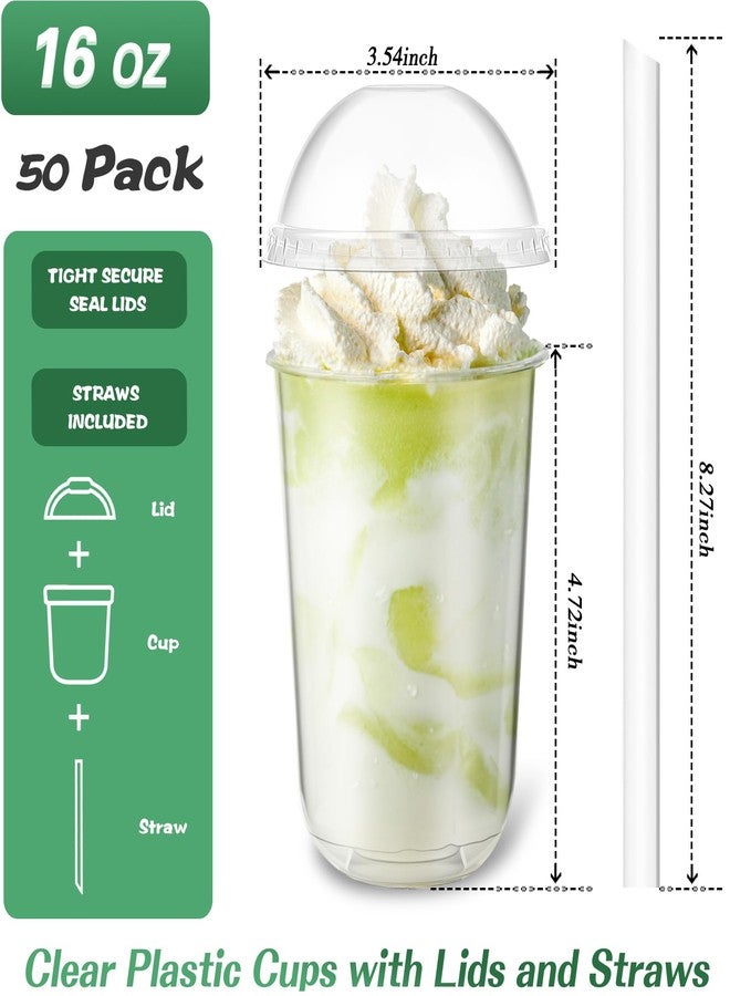 Ziliny 50 Set Clear Plastic Cups with Dome Lids and Straws Sturdy & Food Safe Disposable U Shaped Cups for Cold Drinks Smoothie Milkshake Bubble Tea Juice Cocktail Iced Coffee Party(16 oz) - Image 2