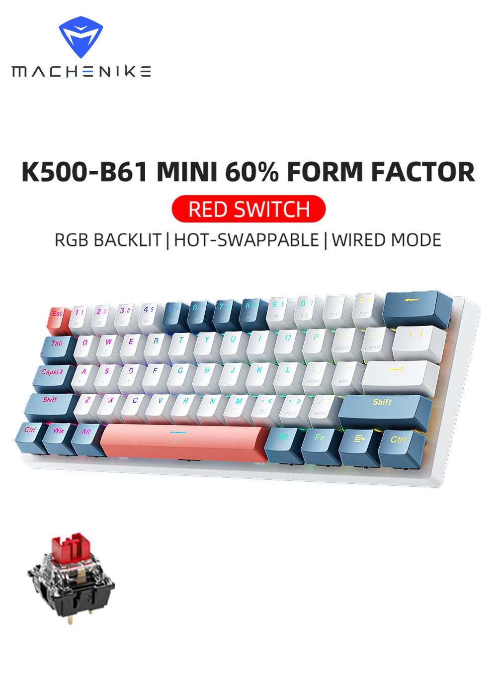 MACHENIKE 61 Keys Wired Gaming Keyboard Mini Mechanical Keyboard Hot-Swappable With Red Switch RGB Backlit 