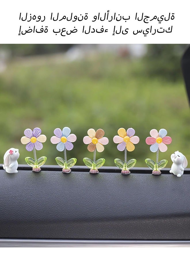 7 Pieces Cute Car Rear view Mirror Accessories Funny Bunny Car Ornament Shaking Spring Sunflower Dashboard Decorations Interior Decor Holiday Gifts for Men Women - Image 1