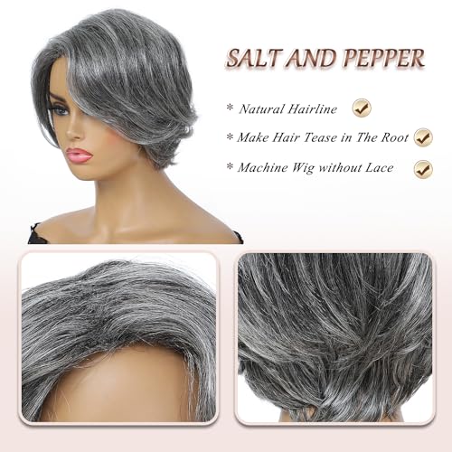 HUA Grey Human Hair Pixie Cut Wigs for Black Women - Mixed 8 Inch Short Salt and Pepper Straight Layered Grey Wigs with Natural Wave - Image 5