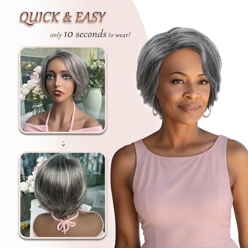 HUA Grey Human Hair Pixie Cut Wigs for Black Women - Mixed 8 Inch Short Salt and Pepper Straight Layered Grey Wigs with Natural Wave - Image 4